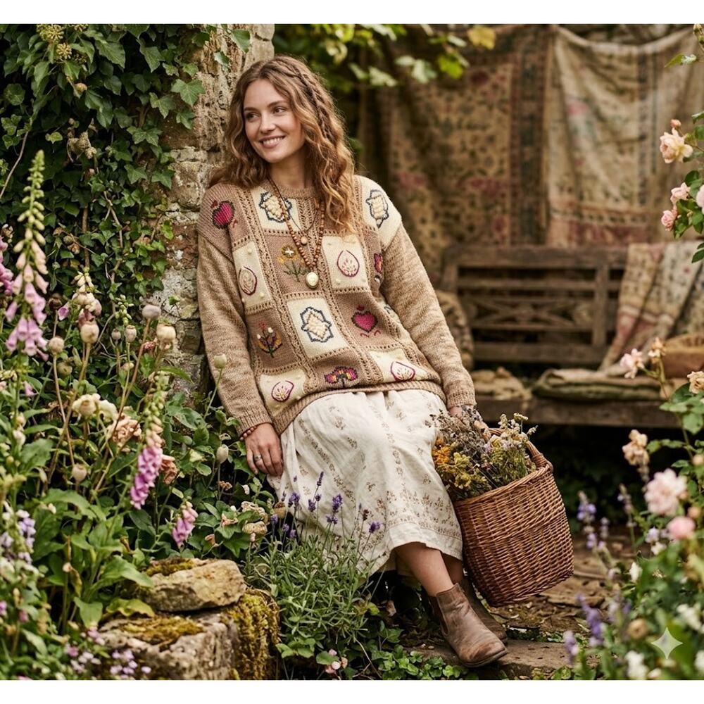 Patchwork Embroidered Knit Sweater Womens Brown Cream Floral Heart Vintage
